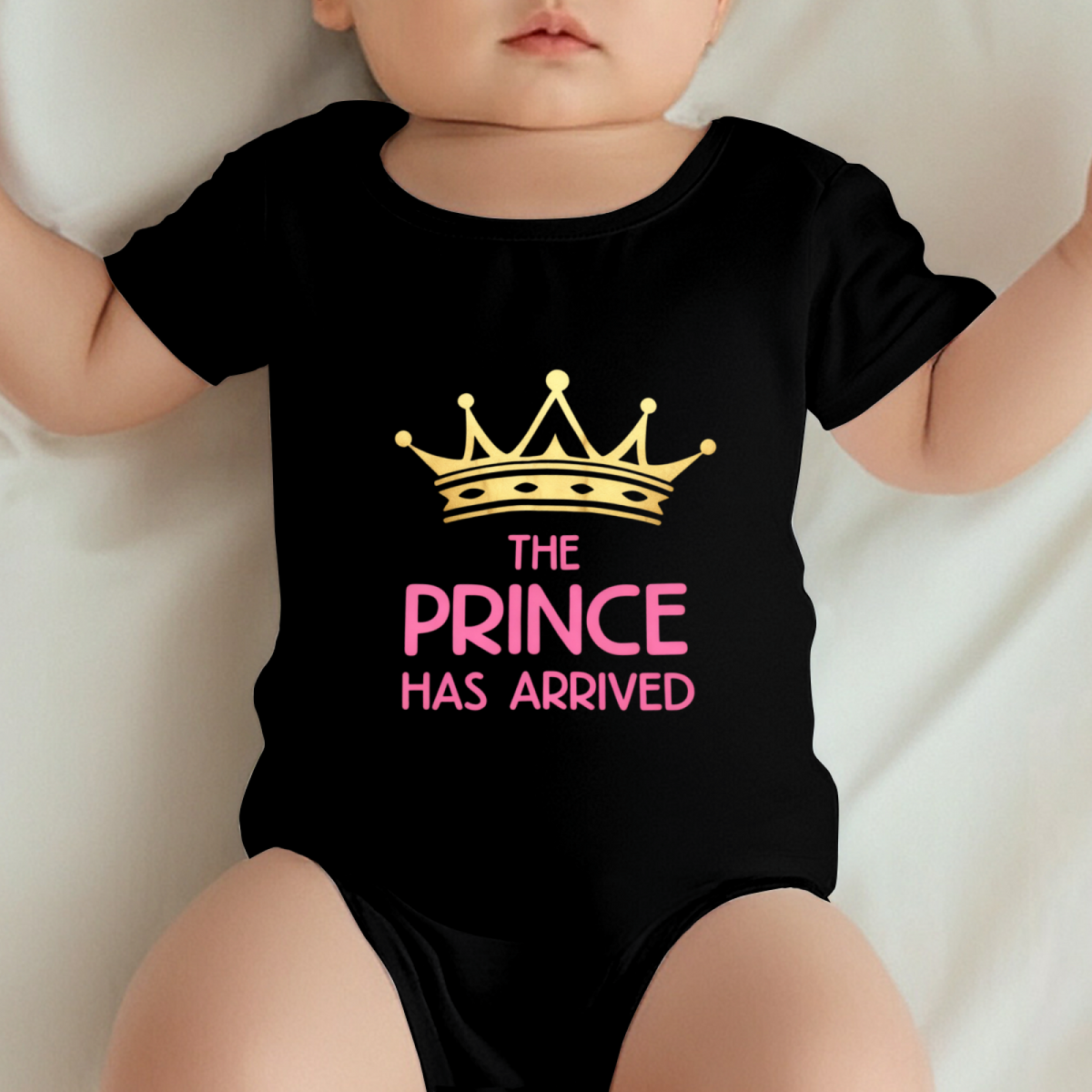 The Prince Has Arrived Golden Crown Baby Boy Black Onesie
