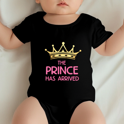The Prince Has Arrived Golden Crown Baby Boy Black Onesie