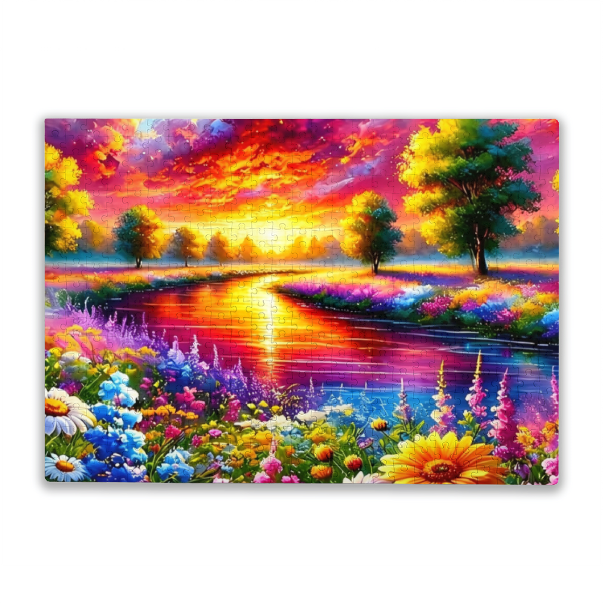 Dreamy Rainbow Sunset River Vibrant Fantasy Landscape Puzzle