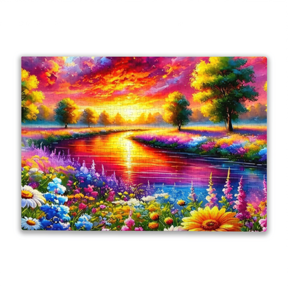 Dreamy Rainbow Sunset River Vibrant Fantasy Landscape Puzzle