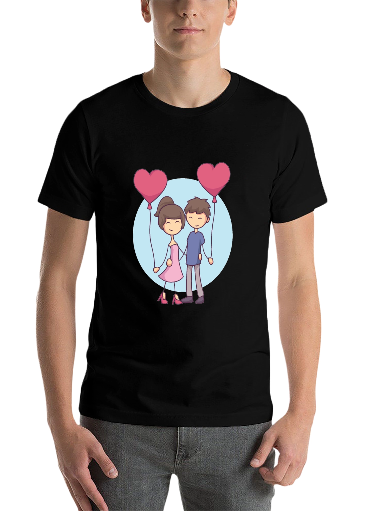 Cartoon Couple Holding Heart Balloons T-Shirt