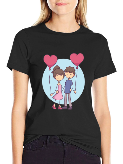 Cartoon Couple Holding Heart Balloons T-Shirt