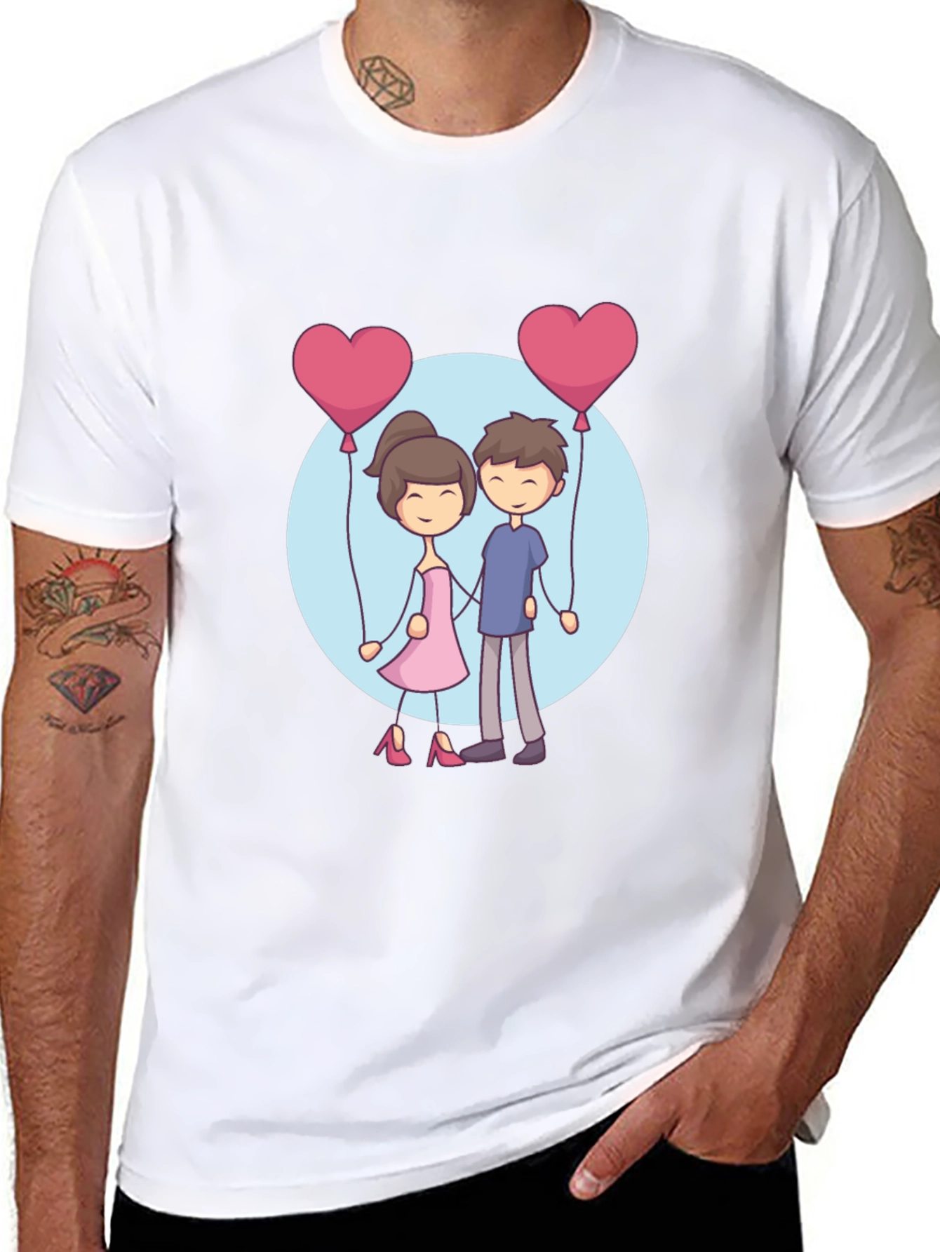 Cartoon Couple Holding Heart Balloons T-Shirt