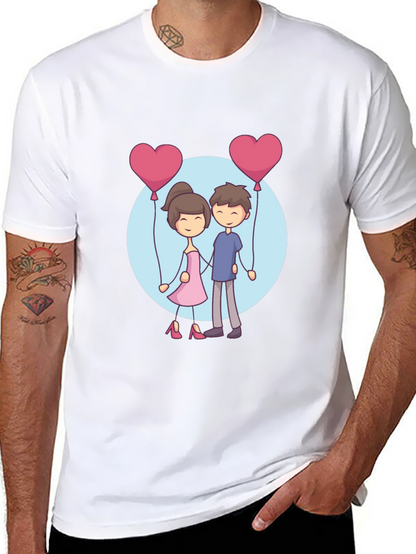 Cartoon Couple Holding Heart Balloons T-Shirt