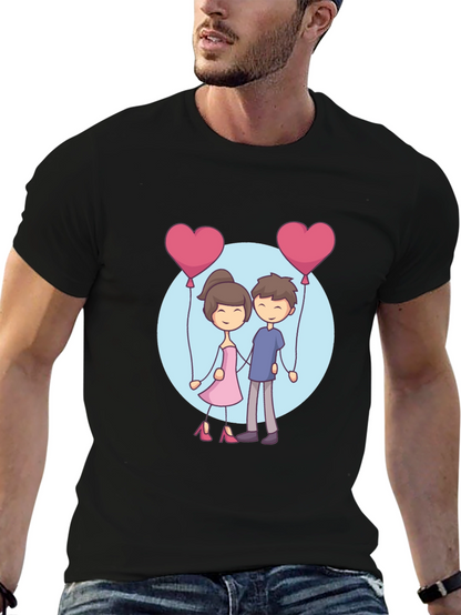 Cartoon Couple Holding Heart Balloons T-Shirt