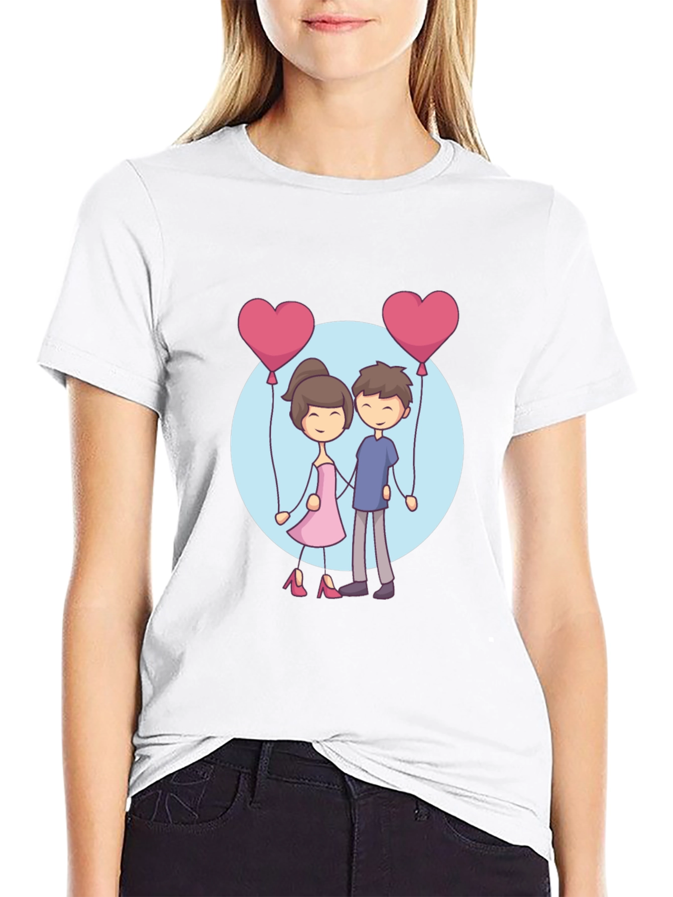 Cartoon Couple Holding Heart Balloons T-Shirt