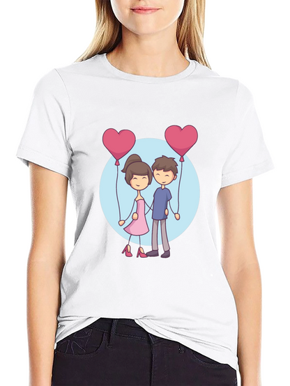 Cartoon Couple Holding Heart Balloons T-Shirt