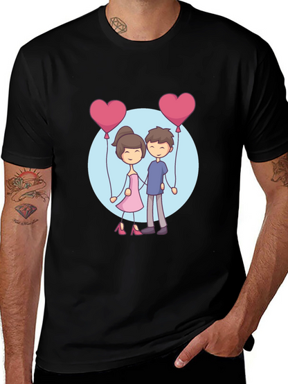 Cartoon Couple Holding Heart Balloons T-Shirt