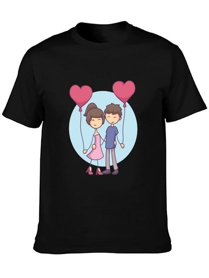 Cartoon Couple Holding Heart Balloons T-Shirt