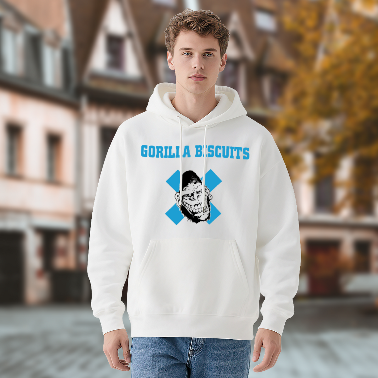 Gorilla Biscuits Retro White Graphic Hoodie, Unisex Punk Style Comfort Pullover