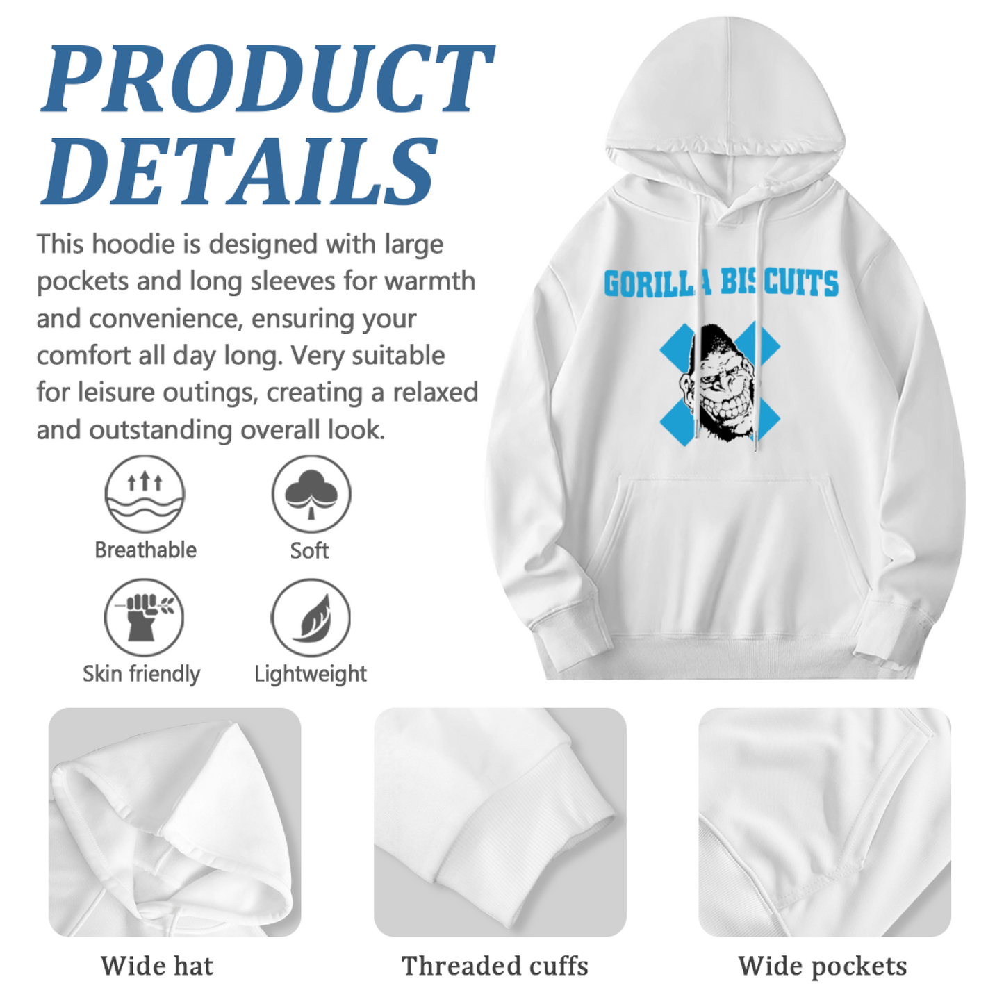 Gorilla Biscuits Retro White Graphic Hoodie, Unisex Punk Style Comfort Pullover