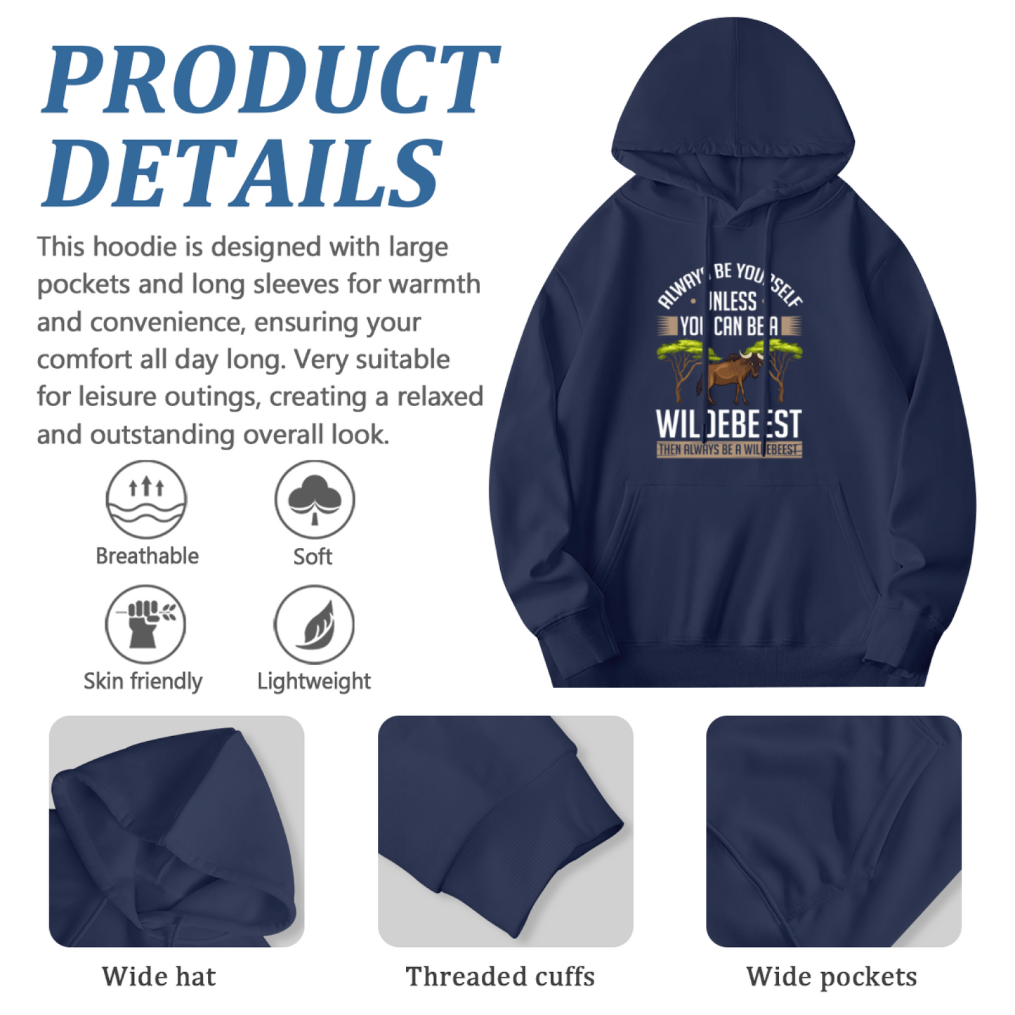 Funny Wildebeest Quote Animal Unisex Hoodie, Lightweight Cozy Top