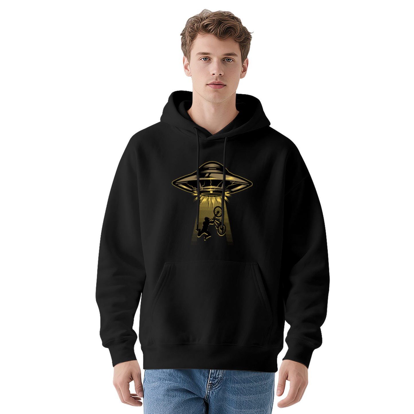 UFO Abduct BMX Bike Vintage Print Men Hoodie, Cozy Street Comfort