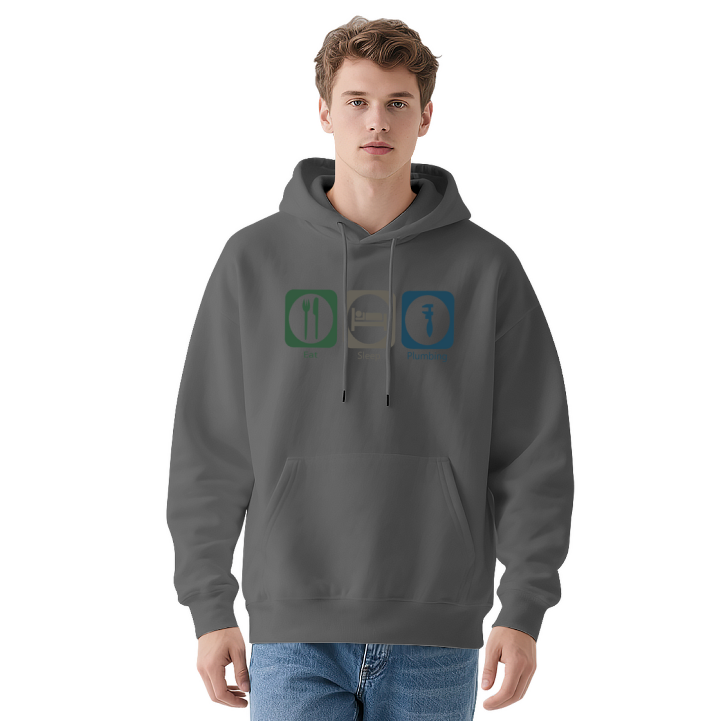 Eat Sleep Plumbing Funny Icon Graphic White Hoodie, Relaxed Unisex Worker Pullover