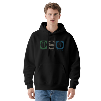 Eat Sleep Plumbing Funny Icon Graphic White Hoodie, Relaxed Unisex Worker Pullover