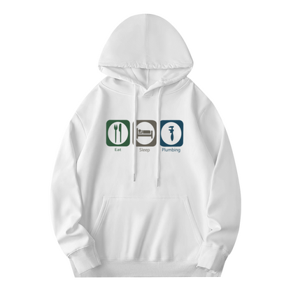 Eat Sleep Plumbing Funny Icon Graphic White Hoodie, Relaxed Unisex Worker Pullover