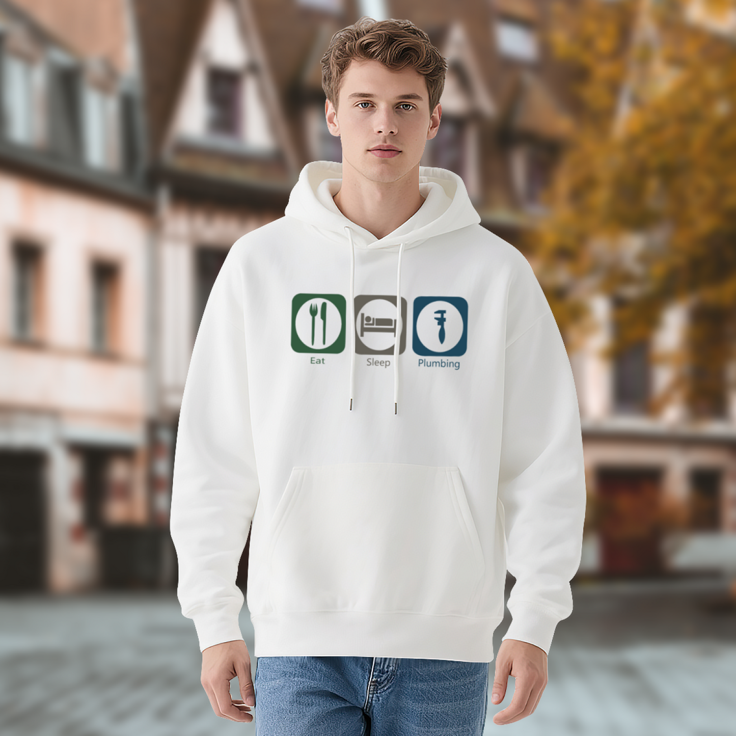 Eat Sleep Plumbing Funny Icon Graphic White Hoodie, Relaxed Unisex Worker Pullover