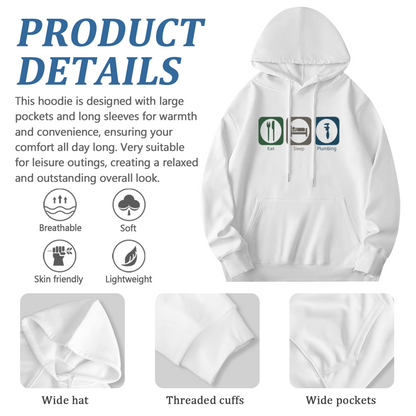 Eat Sleep Plumbing Funny Icon Graphic White Hoodie, Relaxed Unisex Worker Pullover