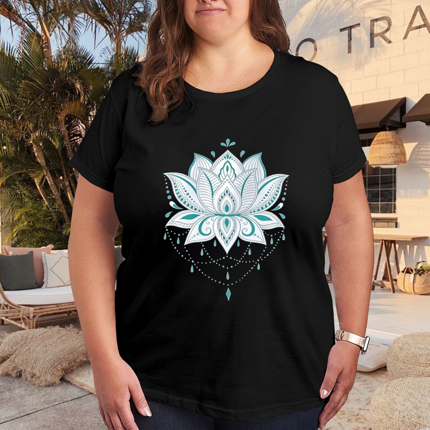 Boho Teal Mandala Lotus Flower Big Size Ladies Tee