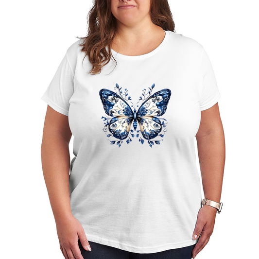 Delicate Blue And White Porcelain Style Butterfly Plus Size Women¡¯s Printed T-Shirt