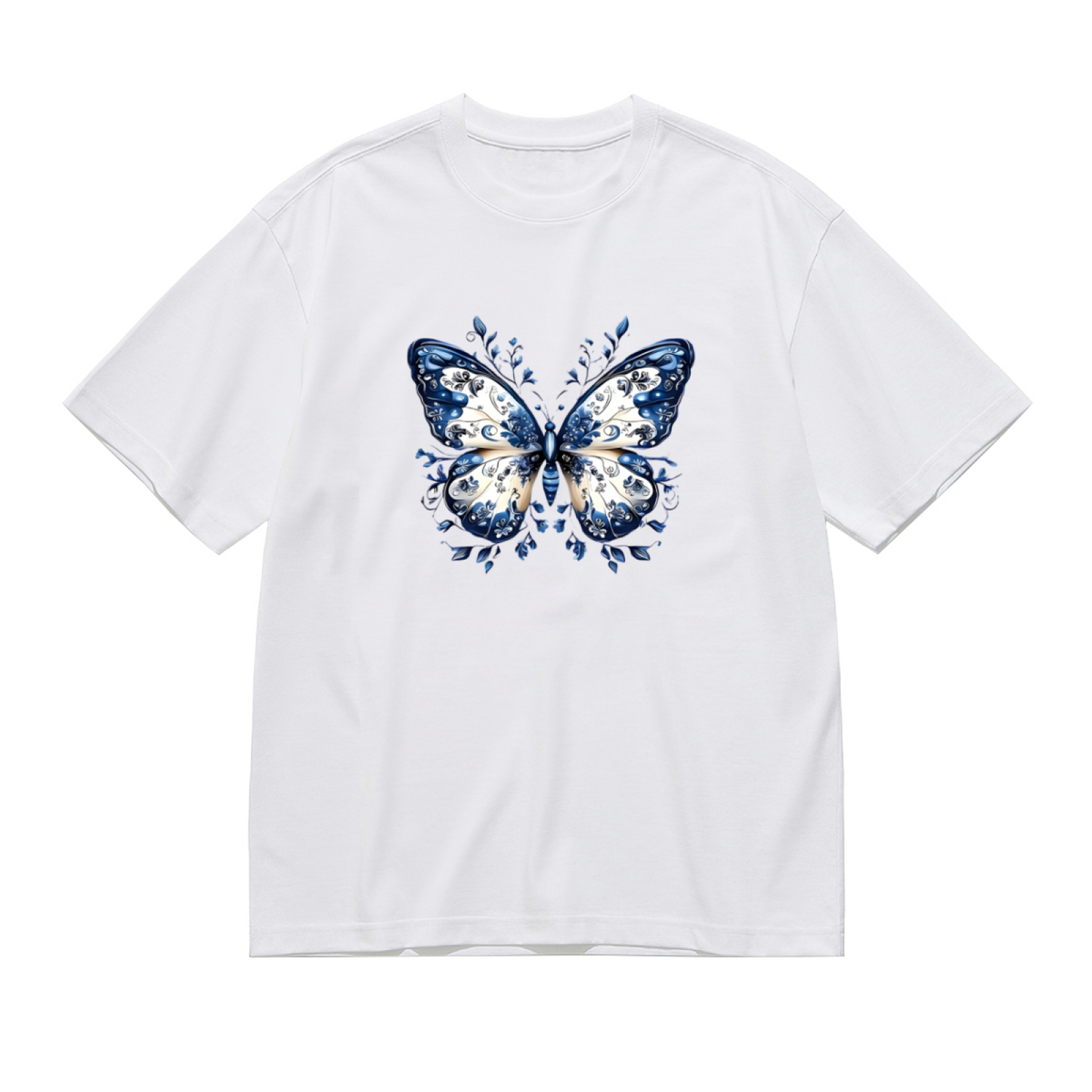 Delicate Blue And White Porcelain Style Butterfly Plus Size Women¡¯s Printed T-Shirt