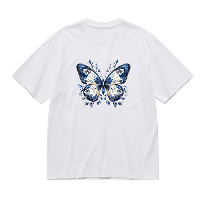 Delicate Blue And White Porcelain Style Butterfly Plus Size Women¡¯s Printed T-Shirt