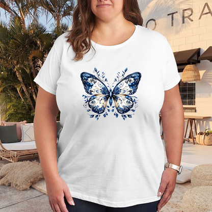 Delicate Blue And White Porcelain Style Butterfly Plus Size Women¡¯s Printed T-Shirt