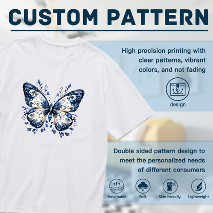 Delicate Blue And White Porcelain Style Butterfly Plus Size Women¡¯s Printed T-Shirt