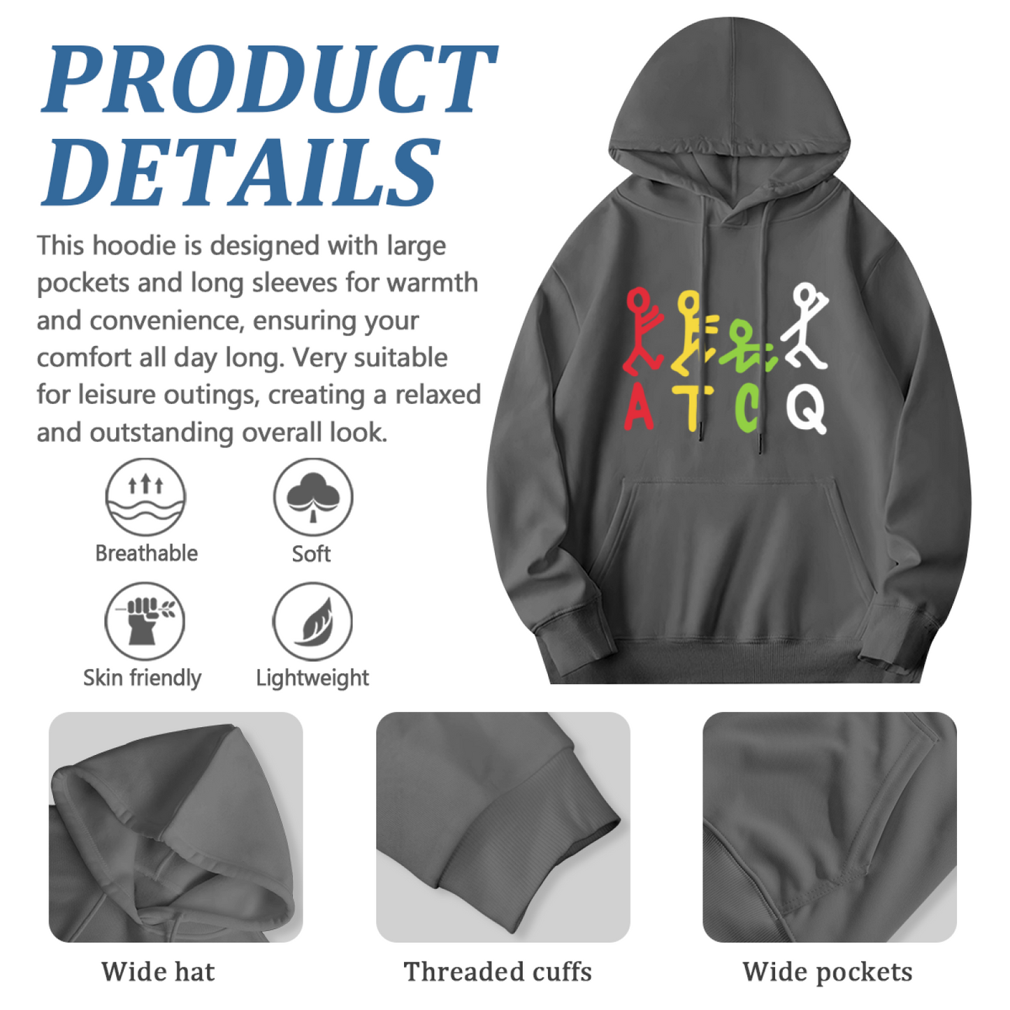 Colorful ATCQ Stick Figure Hip Hop Gray Hoodie, Unisex Soft Comfort Streetwear