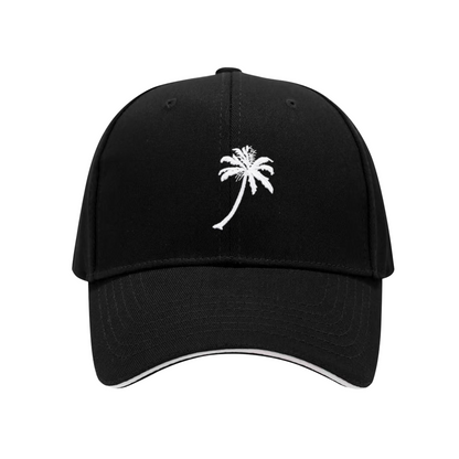 Tropical Single Palm Tree Print Red Sandwich Brim Baseball Cap, Summer Vacation Sun Hat