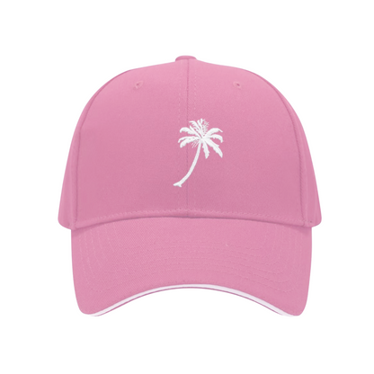 Tropical Single Palm Tree Print Red Sandwich Brim Baseball Cap, Summer Vacation Sun Hat