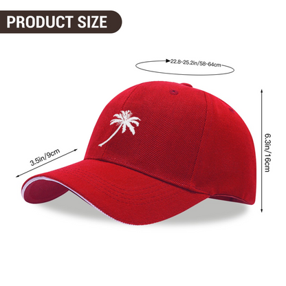 Tropical Single Palm Tree Print Red Sandwich Brim Baseball Cap, Summer Vacation Sun Hat