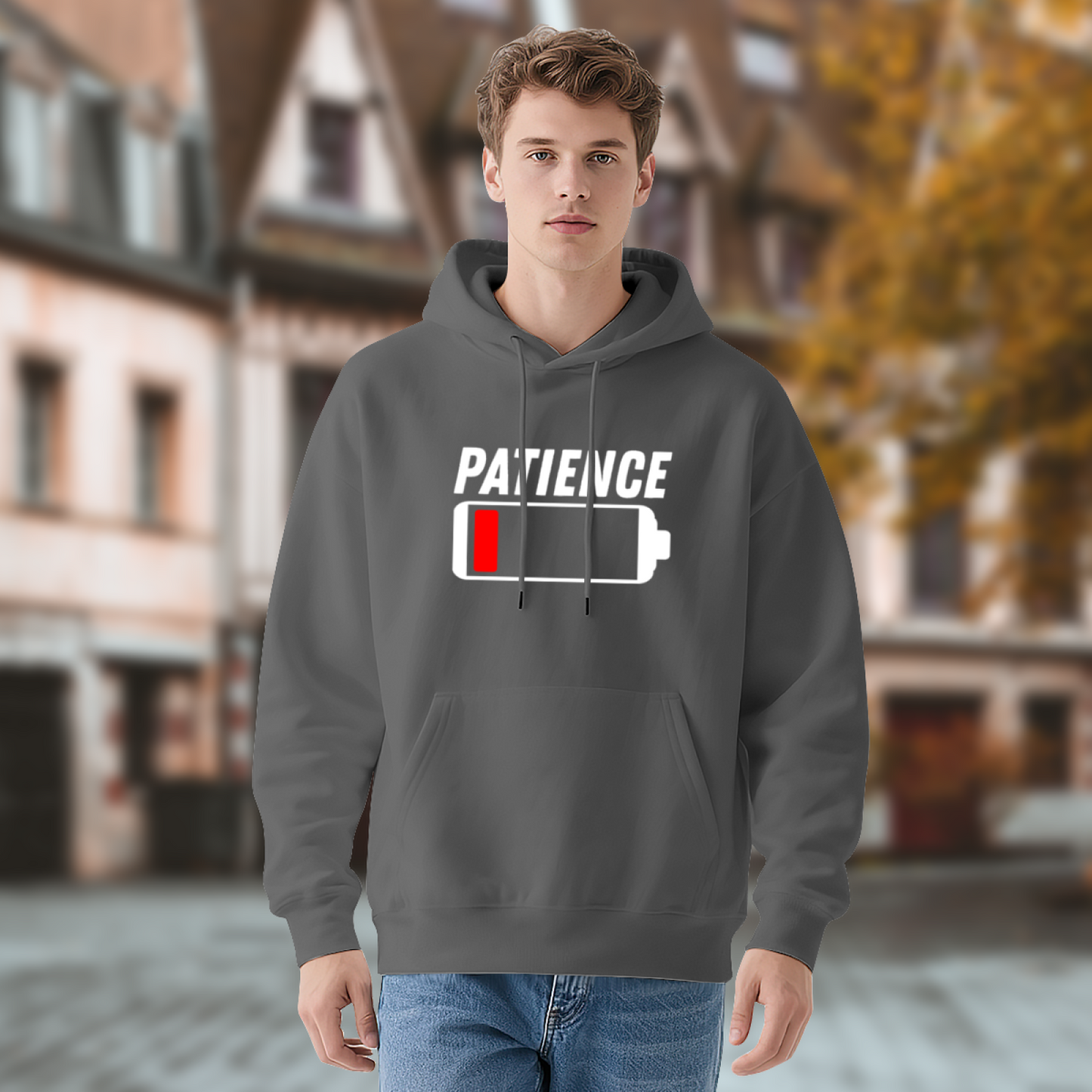 Patience Low Battery Funny Battery Print Grey Hoodie, Unisex Comfy Casual Sweatshirt