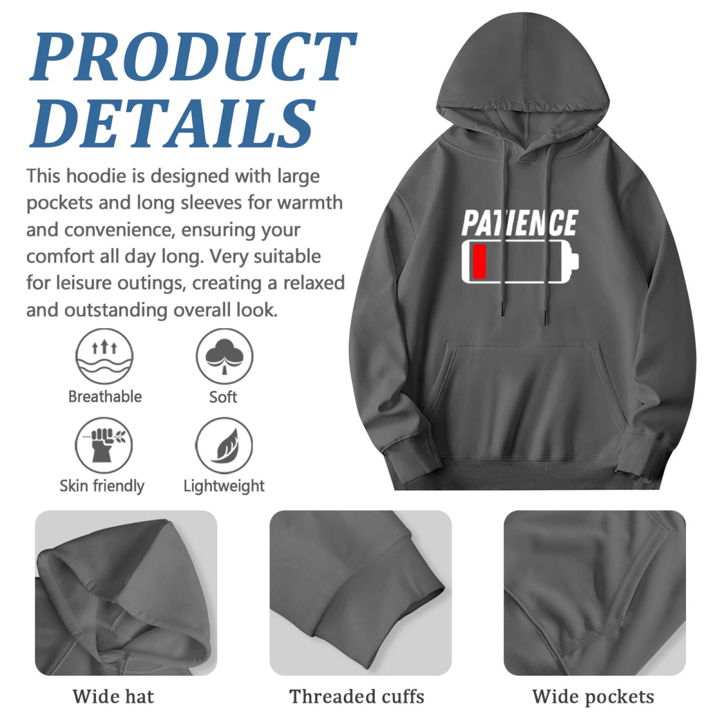 Patience Low Battery Funny Battery Print Grey Hoodie, Unisex Comfy Casual Sweatshirt