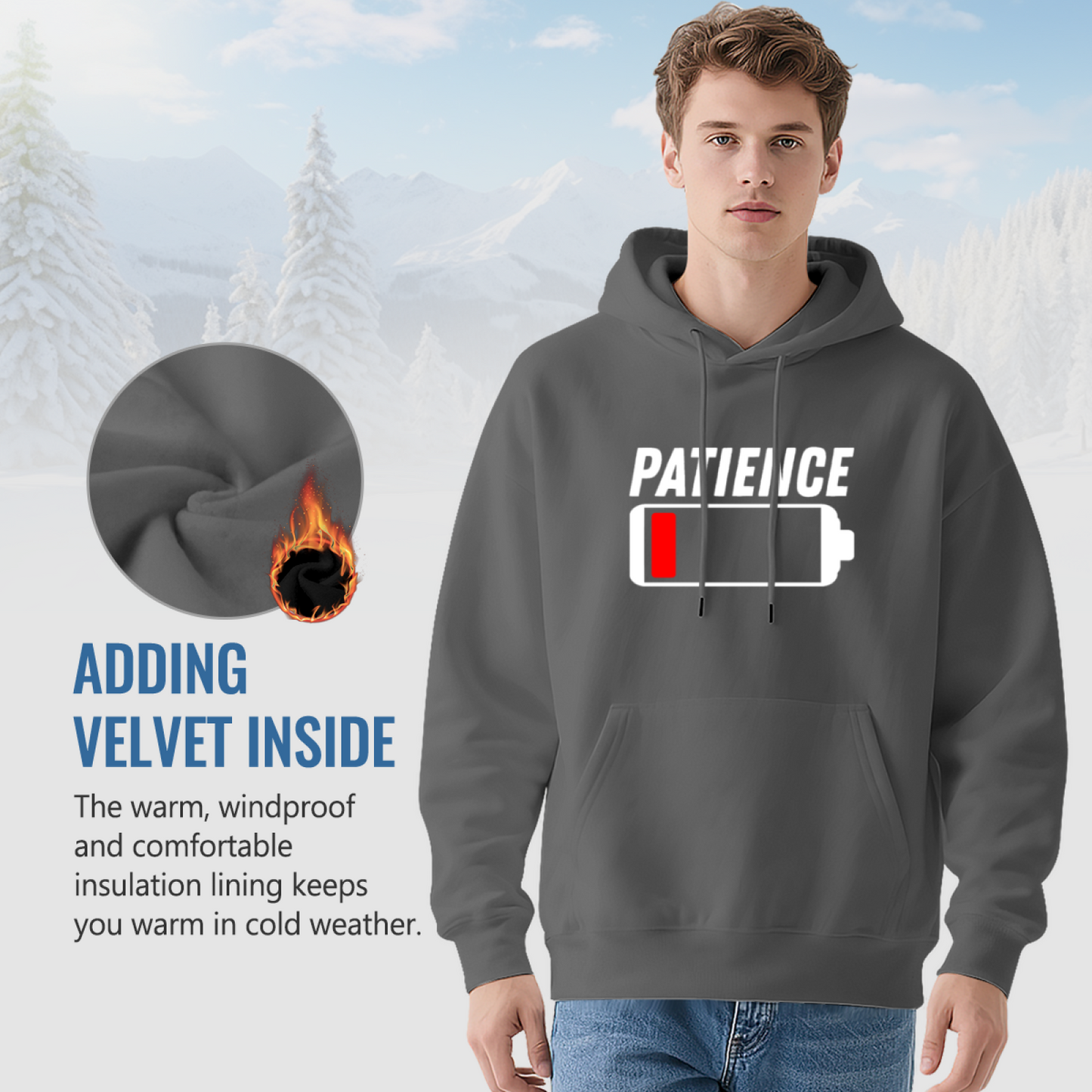 Patience Low Battery Funny Battery Print Grey Hoodie, Unisex Comfy Casual Sweatshirt