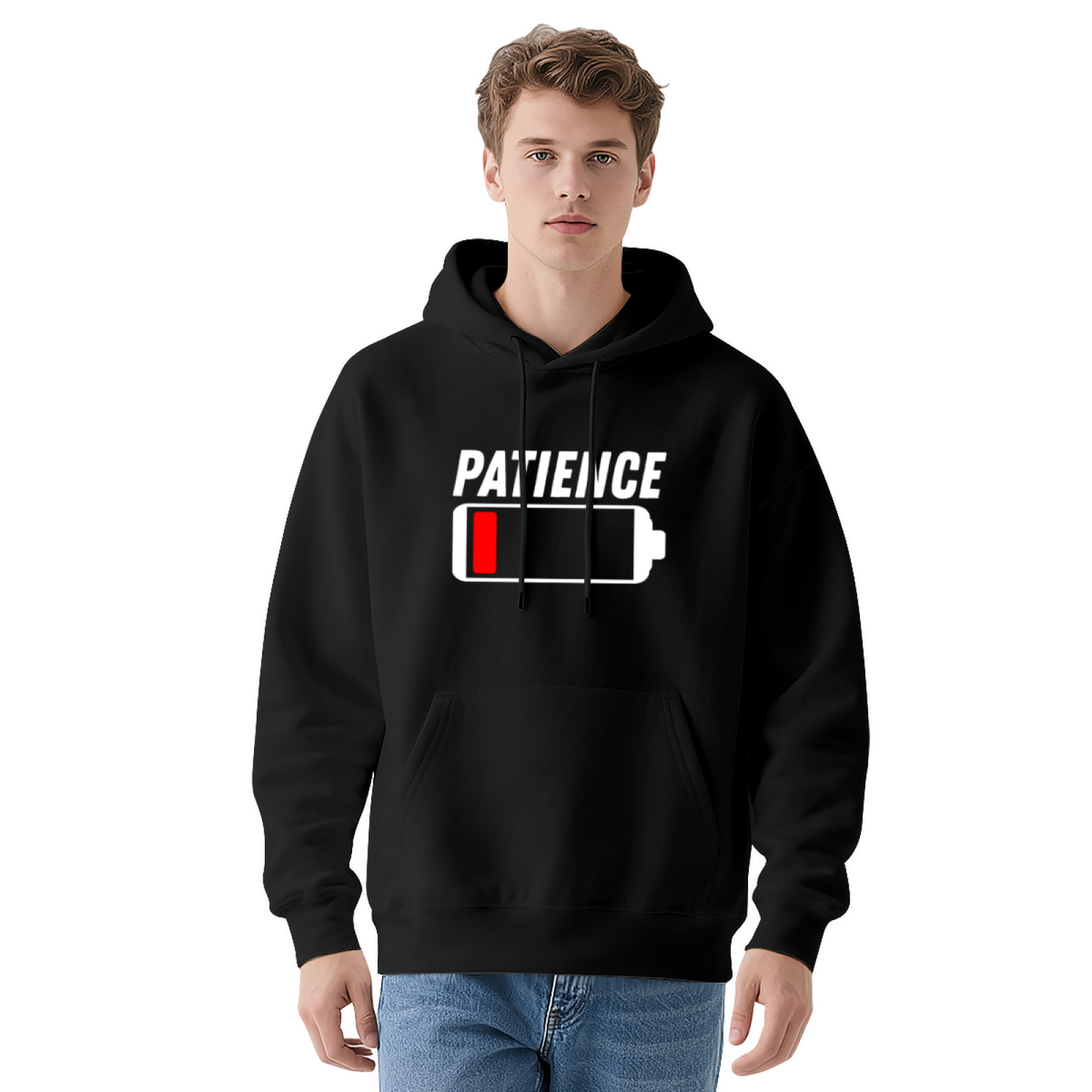Patience Low Battery Funny Battery Print Grey Hoodie, Unisex Comfy Casual Sweatshirt