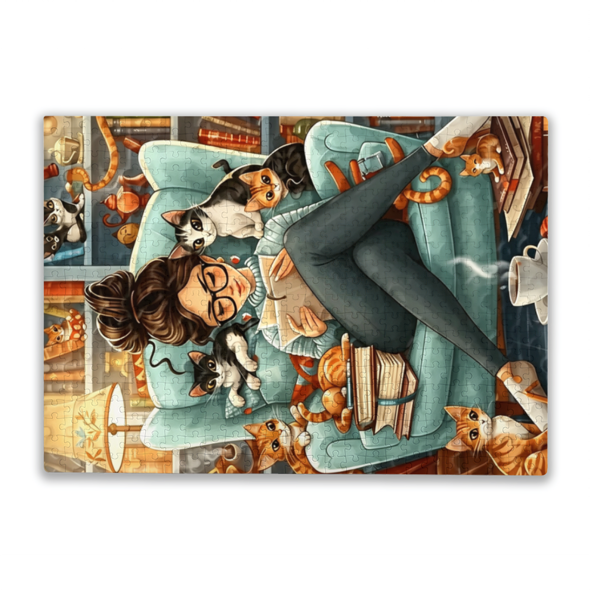 Bookish Girl Surrounded by Kittens ¨C Cozy Reading Nook Cat Puzzle