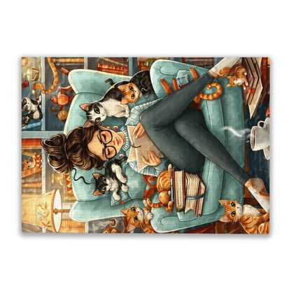 Bookish Girl Surrounded by Kittens ¨C Cozy Reading Nook Cat Puzzle