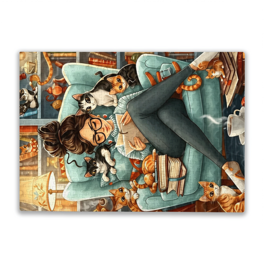 Bookish Girl Surrounded by Kittens ¨C Cozy Reading Nook Cat Puzzle