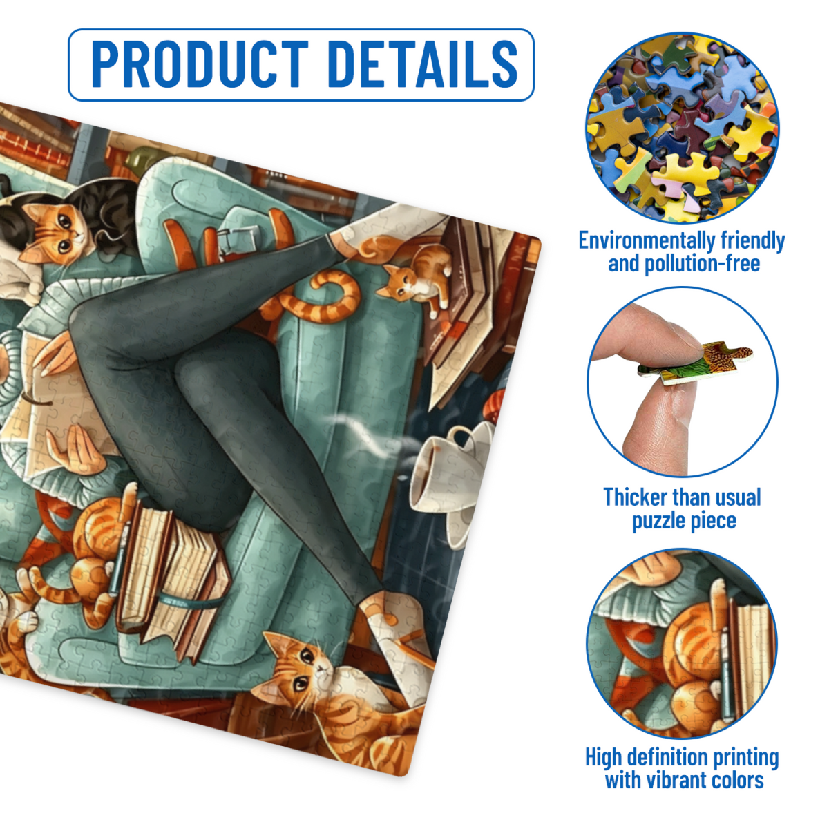 Bookish Girl Surrounded by Kittens ¨C Cozy Reading Nook Cat Puzzle