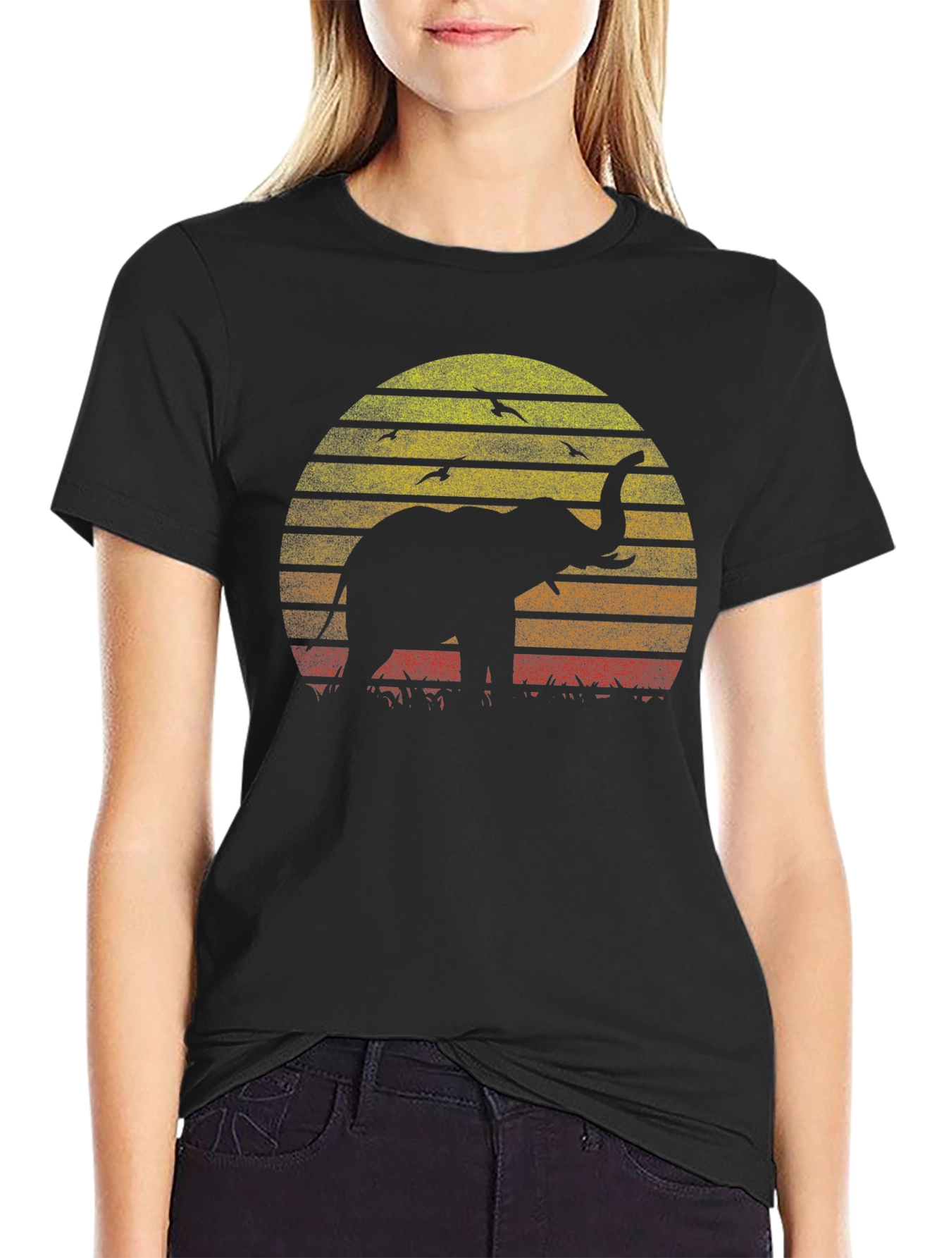 Elephant Sunset Graphic Tee - Black Cotton T-Shirt