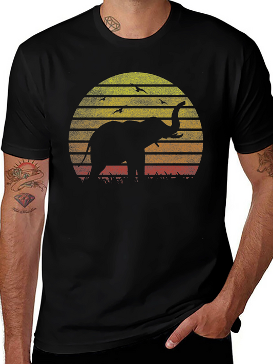 Elephant Sunset Graphic Tee - Black Cotton T-Shirt