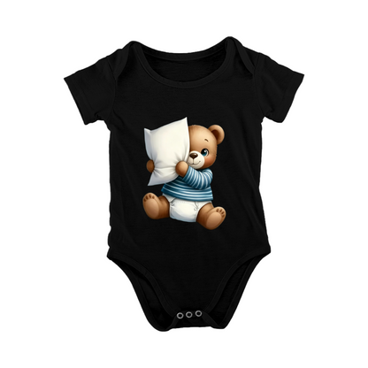 Cozy Pillow Hugging Teddy Bear Soft Black Infant Short Sleeve Romper