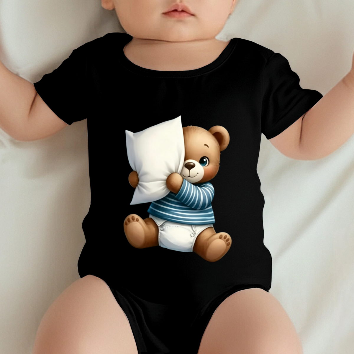 Cozy Pillow Hugging Teddy Bear Soft Black Infant Short Sleeve Romper