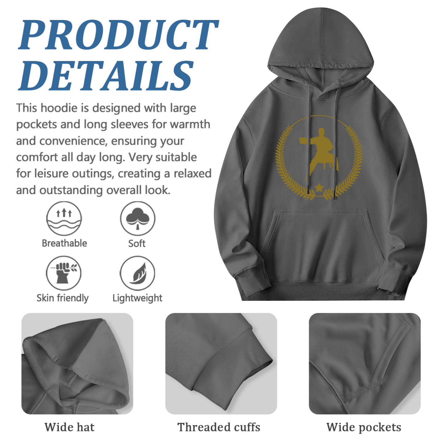 Golden Karate Martial Arts Laurel Wreath Hoodie, Mens Soft Sports Pullover