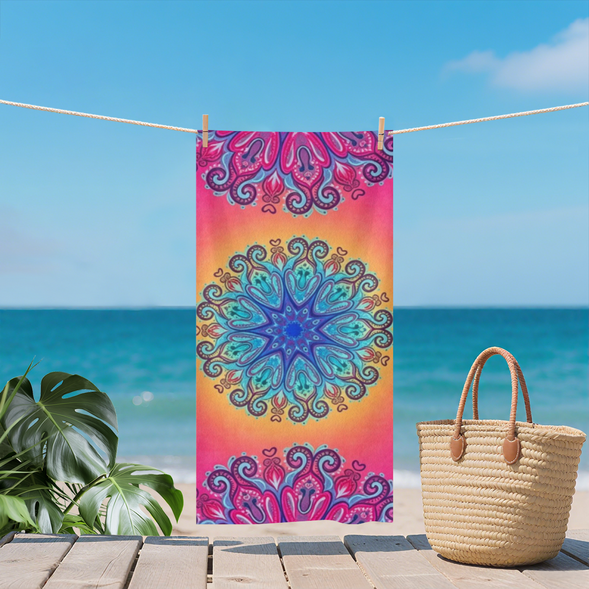 Boho Sunset Mandala Printed Beach Towel, Ultra Soft, Breathable and Super Absorbent for Summer Outdoor