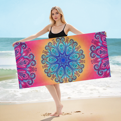 Boho Sunset Mandala Printed Beach Towel, Ultra Soft, Breathable and Super Absorbent for Summer Outdoor