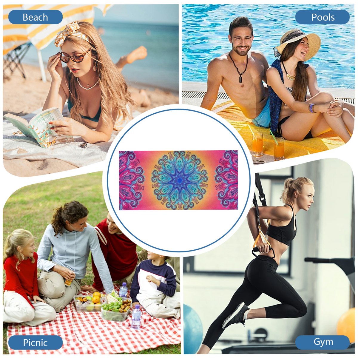 Boho Sunset Mandala Printed Beach Towel, Ultra Soft, Breathable and Super Absorbent for Summer Outdoor