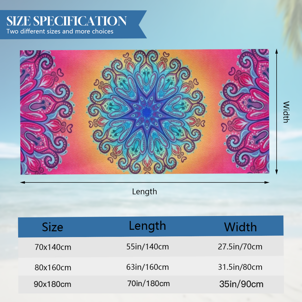 Boho Sunset Mandala Printed Beach Towel, Ultra Soft, Breathable and Super Absorbent for Summer Outdoor