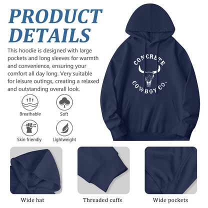 Vintage Concrete Cowboy Co Bull Skull Navy Hoodie, Men¡¯s Cozy Western Style Top